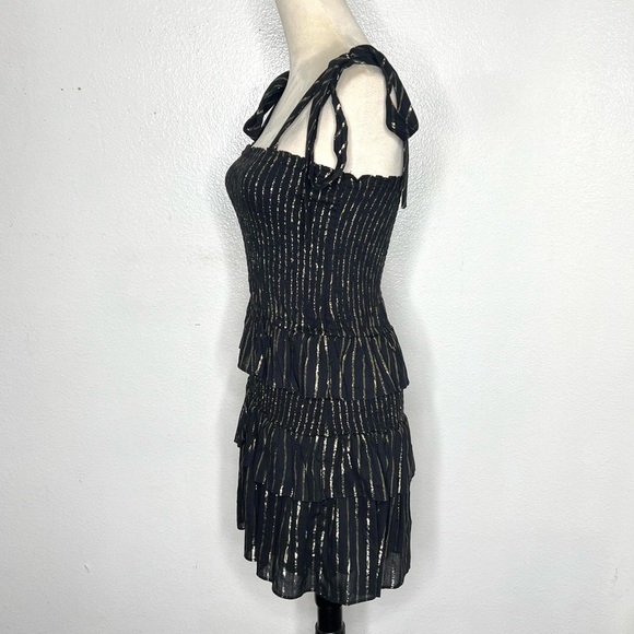 HOUSE OF HARLOW 1960 Tiered Ruffle Mini Dress Tie Shoulder Back Gold Size XS - Picture 3 of 10